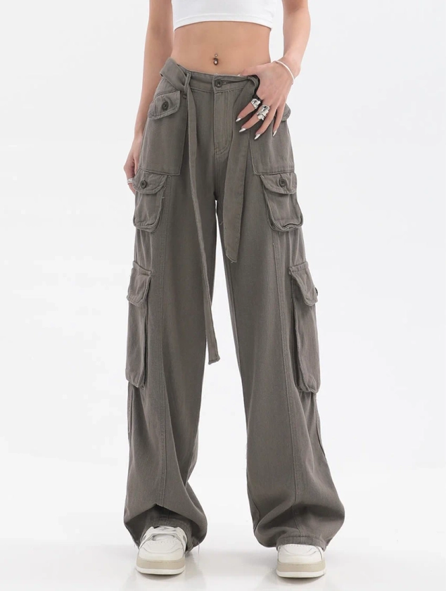 Adeline Solid Color Straight Leg Multi-Pocket Belt High Waist Cargo Pants