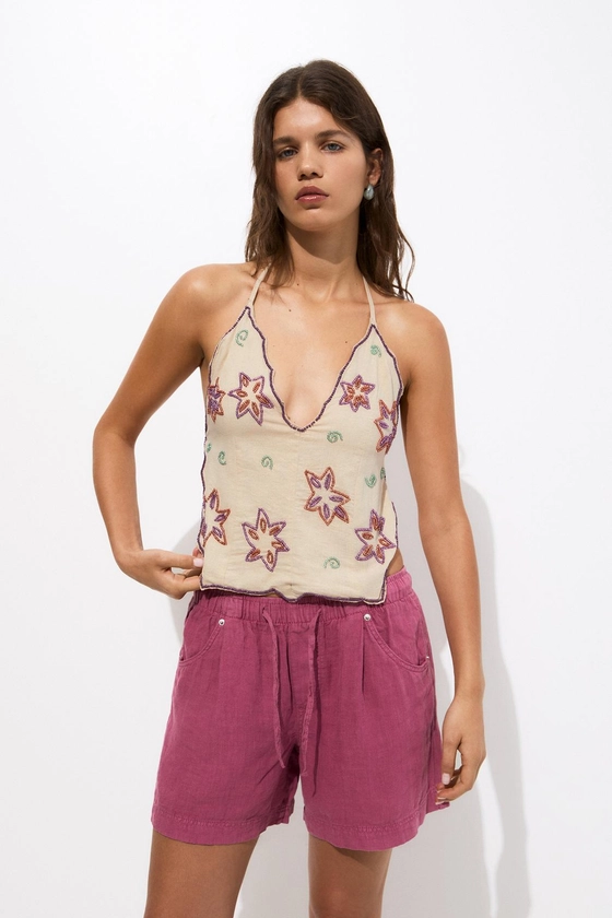 Top halter flores abalorios