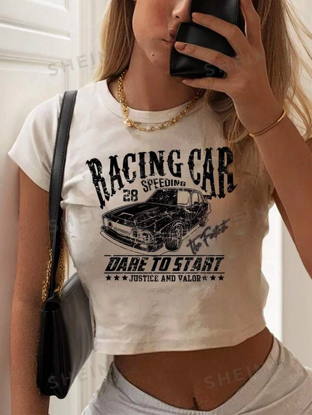 SHEIN EZwear Casual & Minimalist Race Car Pattern Round Neck Crop-Sleeve Tight Crop Top T-Shirt For Women, Suitable For Summer