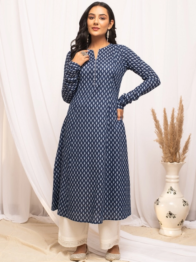 FIORRA Ethnic Motifs Printed Notched Neck Pure Cotton A-Line Kurta