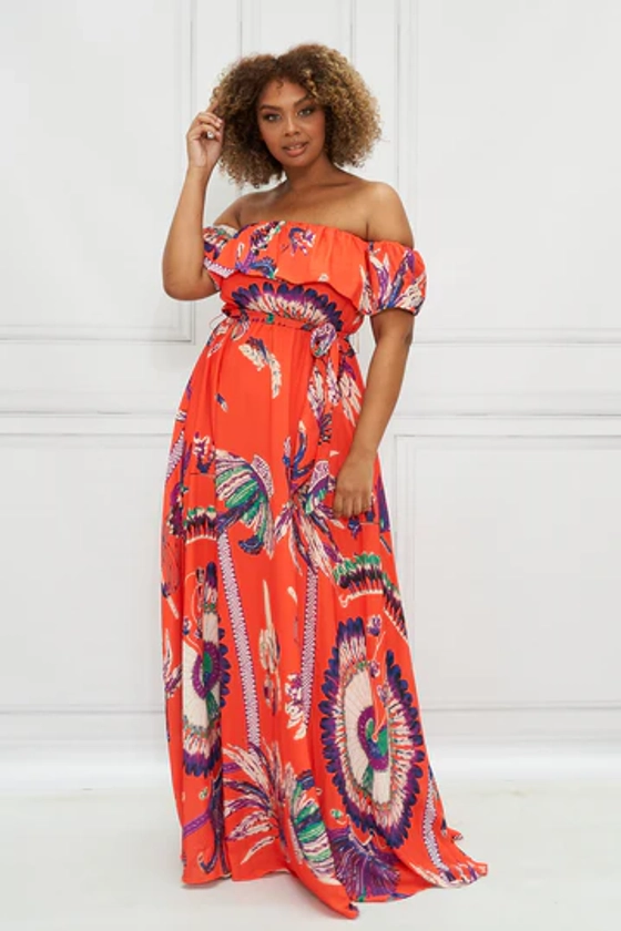 Coral Flowy Off Shoulder Maxi Dress