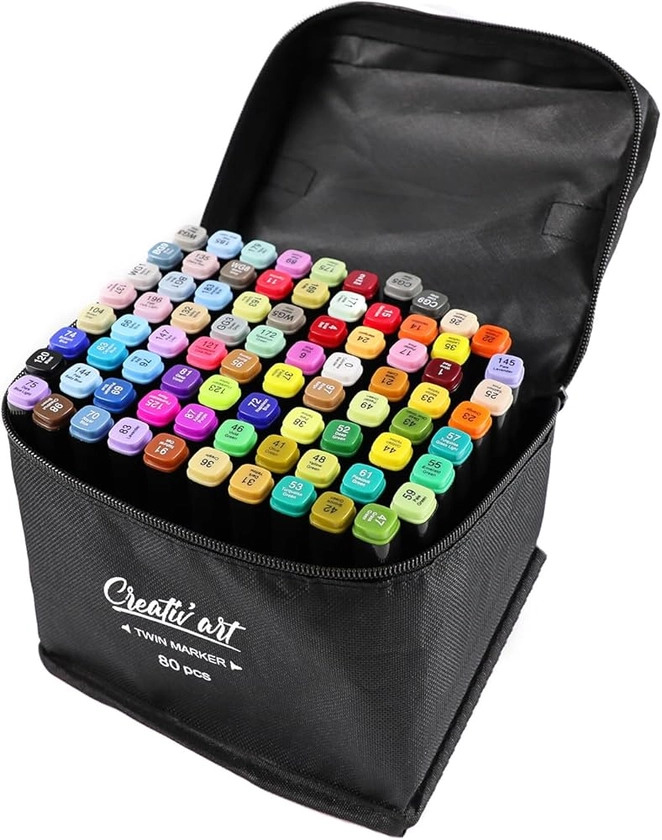 Creativ'art 80 Couleurs Feutre a Alcool, Feutres Coloriage Adulte, Marqueurs à Croquis Double Pointe, Marqueur Permanent pour Animation Art Esquisse Twinmarkers Professionnels Débutant