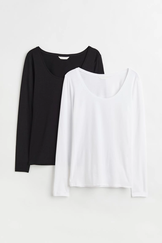 Lot de 2 tops en jersey - Encolure plongeante - Manches longues - Blanc/noir - FEMME | H&M FR