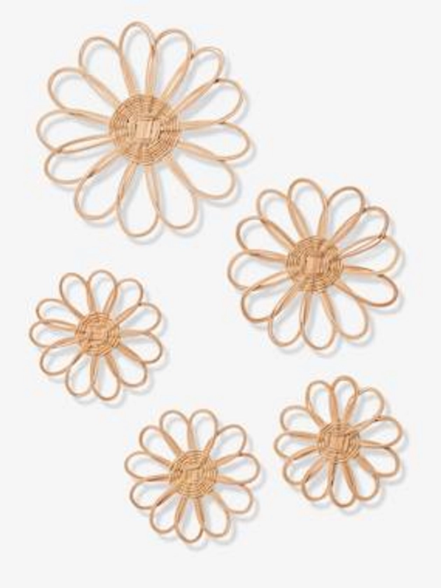 Lot de 5 fleurs murales en rotin - beige