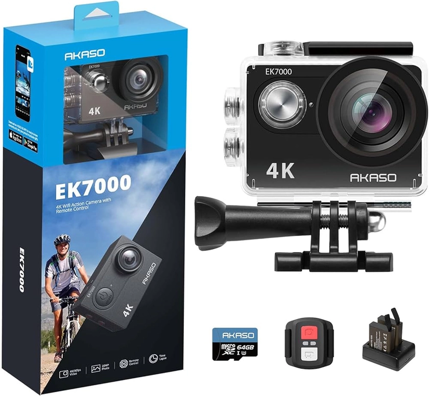 AKASO EK7000 Caméra Sport 4K 30fps 20MP WiFi avec Carte Mémoire microSDXC 64 Go, Action Camera 4k Étanche jusqu'à 30M avec Stabilisation Grand Angle de 170° Télécommande 2.4G