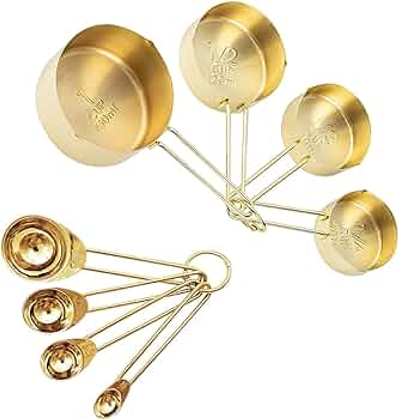 Gold Measuring Cups and Spoons Set, 8 PCS Metal Measuring Cups and Stainless Steel Measuring Spoons Set for Kitchen