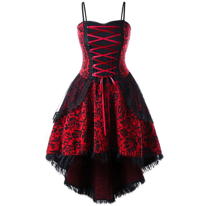 Disfraz de Lolita Punk gótico para mujer, traje Vintage de vendaje de encaje con tirantes, corsé de línea A, vestido de fiesta de Halloween, talla grande - AliExpress