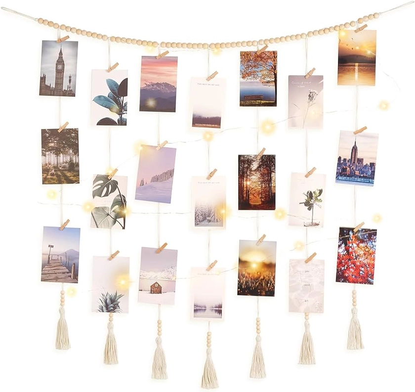 Dahey Macrame Wall Hanging Photo Display with Clips Collage Picture Frame Boho Wall Decor with Wooden Beads Garland Photo String With Clips Gift for Teen Girl Bedroom Dorm Living Room Classroom