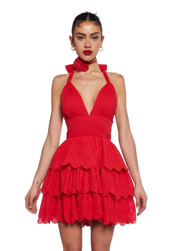 Sugar Thrillz Halter Eyelet Ruffled Mini Dress - Red