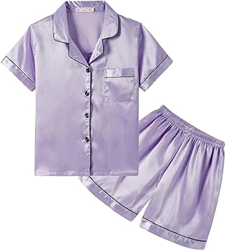 Amazon.com: Hupohoi Unisex Kids Boys and Girls Pajama Sets Summer Short Sleeve With Shorts Sleepwear Silky Button Down Loungewear, 2pcs-Lilac, 12: Clothing, Shoes & Jewelry