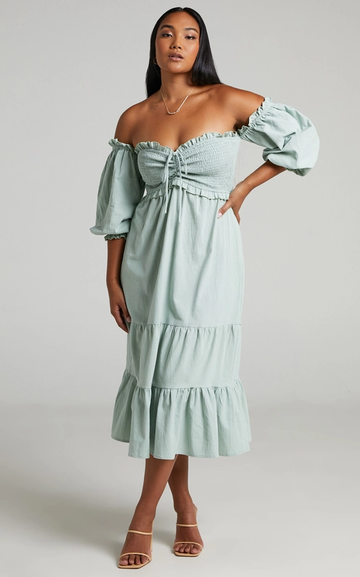 Nikka Shirred Off Shoulder Puff Sleeve Midi Dress in Sage | Showpo