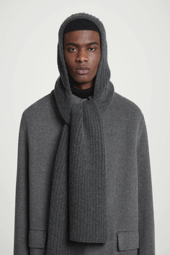 HOODED RIBBED CASHMERE-BLEND SCARF - CHARCOAL