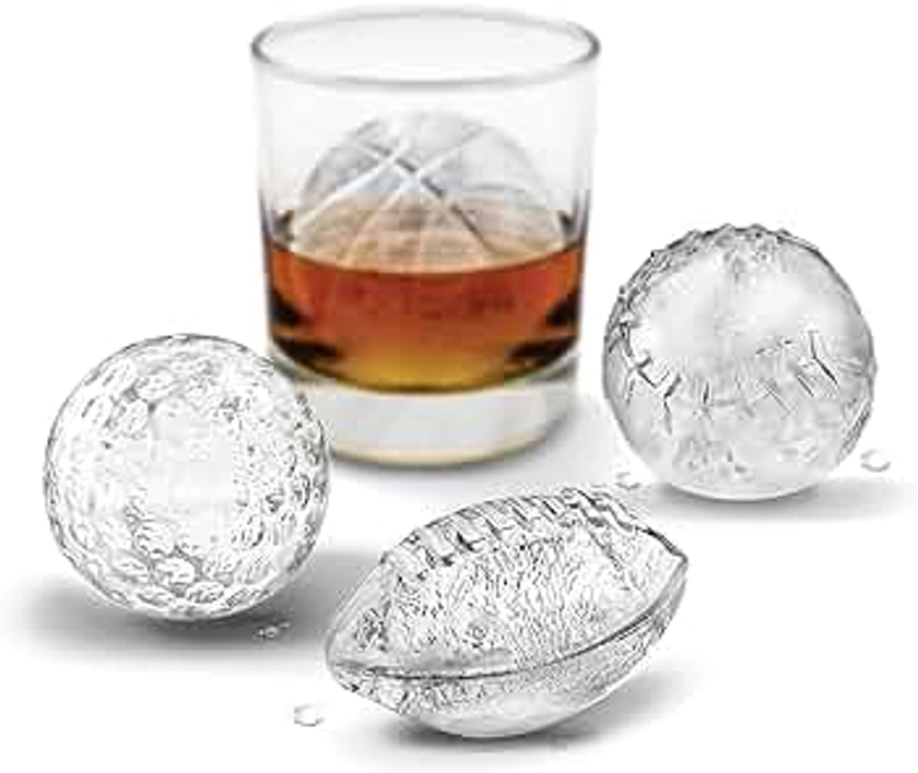 Tovolo Sports Ball Ice Molds (Set of 4) - Football, Golf, Baseball, & Basketball/Slow-Melting, Leak-Free, Reusable, & BPA-Free/Great for Whiskey, Cocktails, Coffee, Soda, Fun Drinks, and Gifts