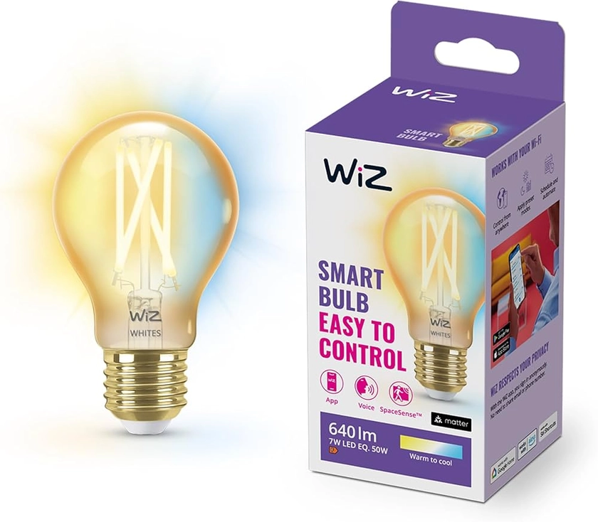 WiZ ampoule LED Connectée Wi-Fi E27, Standard Vintage, Nuances de Blanc, équivalent 50W, 640 lumen, fonctionne avec Alexa, Google Assistant et Apple HomeKit