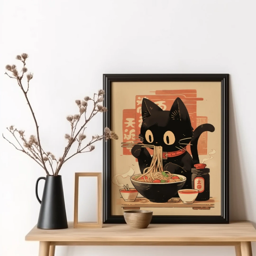 Noodle Black Cat Poster Tokyo Art Print Edo Period Ramen Noodles Art Japan Black Cat Poster Eating Hungry Cat for Kitchen Wall Art - Etsy Japan