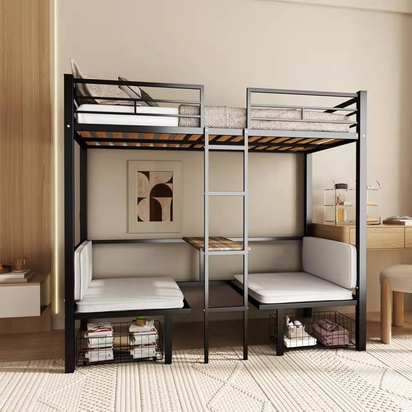 ATY Full Size Loft Bed with Built-in Desk and Two Storage Drawers, Metal Bedframe w/Table Set &Convertible Full-Over-Full Bunkbeds Design, Easy Assemble & Space Saving, for Small Space, Black