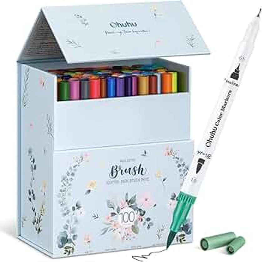 Ohuhu 100 Colouring Pens, Dual Tip Brush Pens Felt Tip Pens, Art Markers Set with Fineliner, for Kids Adults Colouring Book Drawing Calligraphy Sketching Journal, Maui - White Storage Case