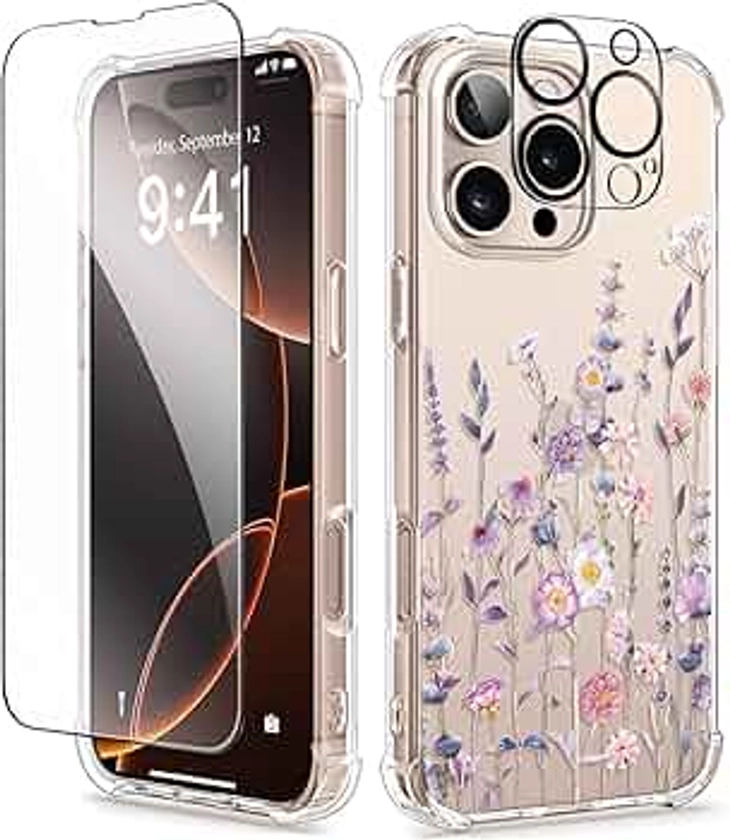 GVIEWIN Compatible with iPhone 16 Pro Max Case with Screen Protector & Camera Lens Protector, Clear Shockproof Protective Slim Fit Floral Phone Cover for Women Girls 6.9" (Floratopia/Colorful)