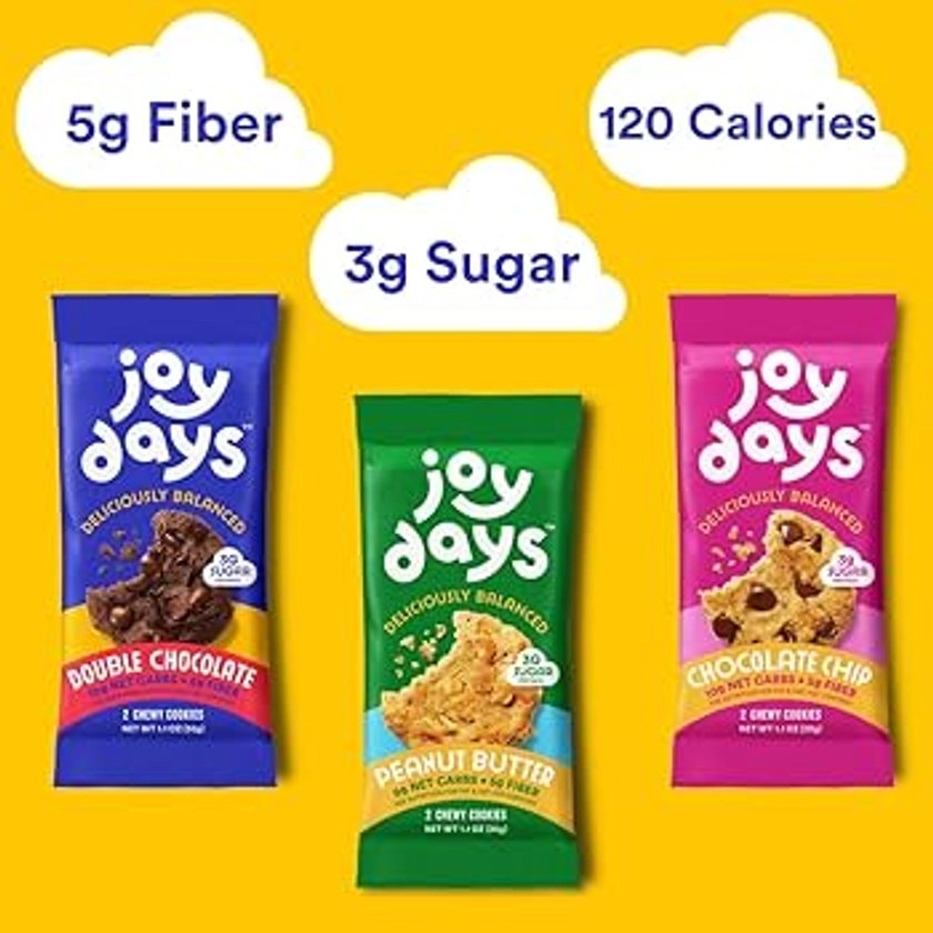 Joydays Sampler Cookie Variety Pack, Low Sugar Chocolate Chip, Peanut Butter & Double Chocolate Chip Cookies, Healthy Snacks, Soft Baked Cookie, 3g Protein, 3g Sugar, 5g Fiber, 6 Pack, 12 Cookies