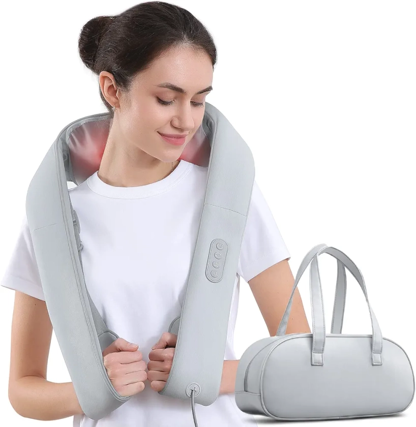 Masseur Cervical, Massage Dos et Cou Épaules Nuque avec Chauffage Appareil de Massage Shiatsu Électrique avec Sac de Rangement 3D-rotation, Cadeaux pour Meres Papa Femme Homme