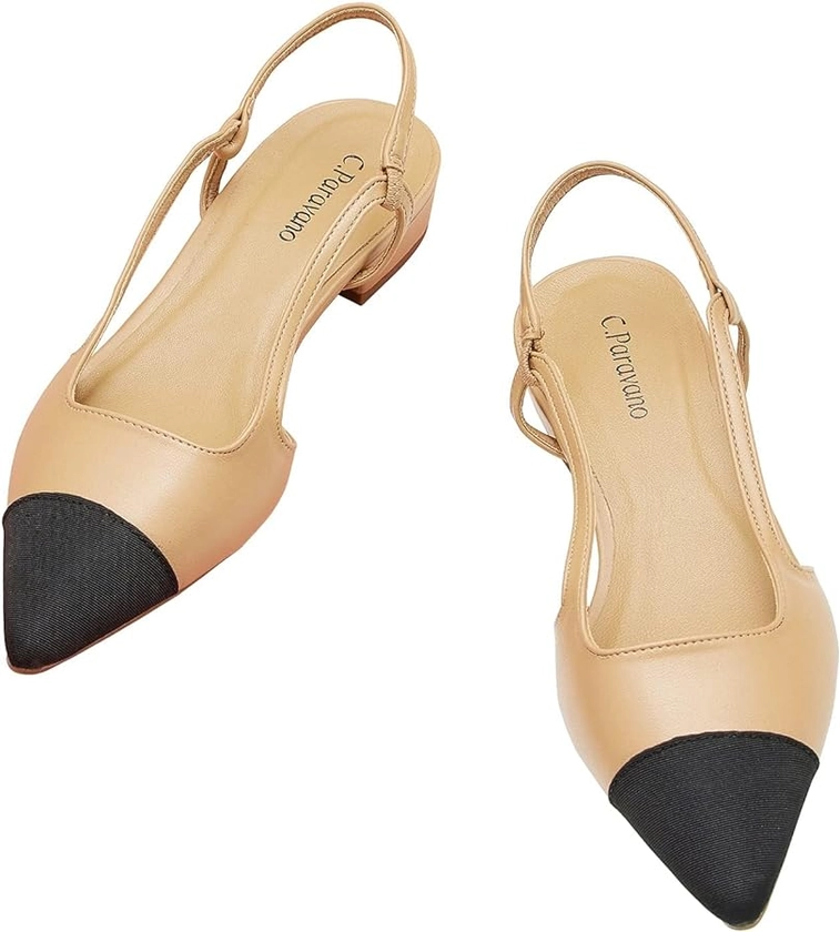 Amazon.com | C.Paravano Women's Slingback Flats | Pointed Toe Flat Shoes | Slip on Dress Shoes | Comfort Casual Sandals (Size 9,Beige Flat) | Flats