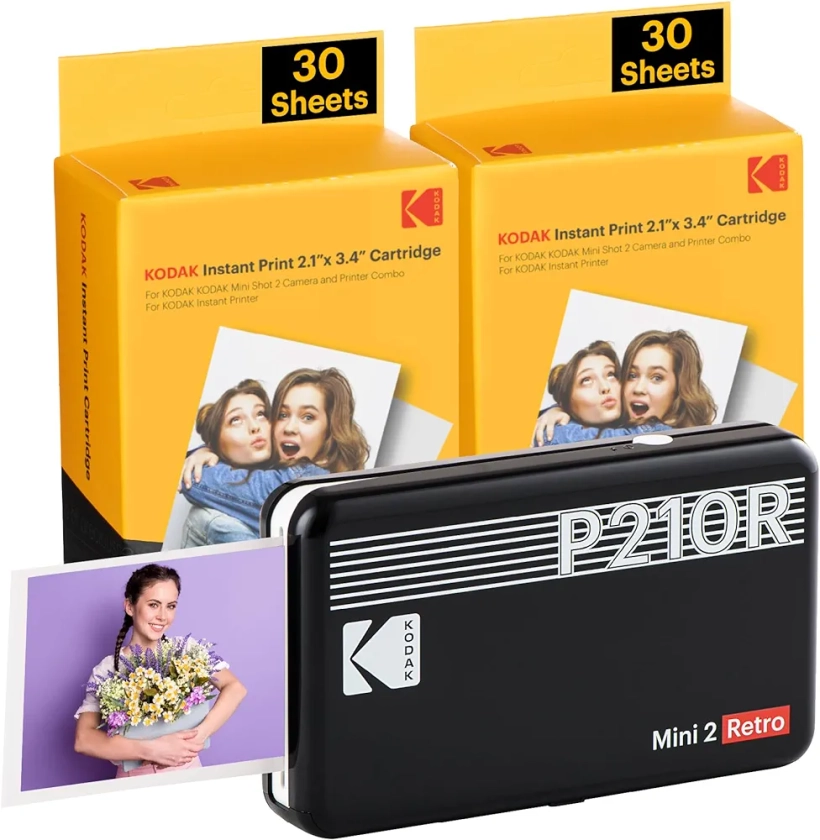 KODAK Mini 2 Retro – Imprimante Photo Mobile pour Smartphone (iPhone & Android), 5,4 x 8,6 cm, Imprimante Bluetooth, Portable + 68 Photos – Noir