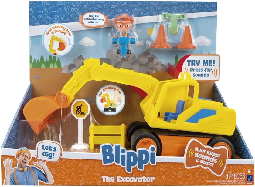 Blippi Excavator - Fun Freewheeling Vehicle with Features Including 3 Construction Worker, Sounds and Phrases - Educational Vehicles for Toddlers and Young Kids, Yellow, Multicolor, Pack 1