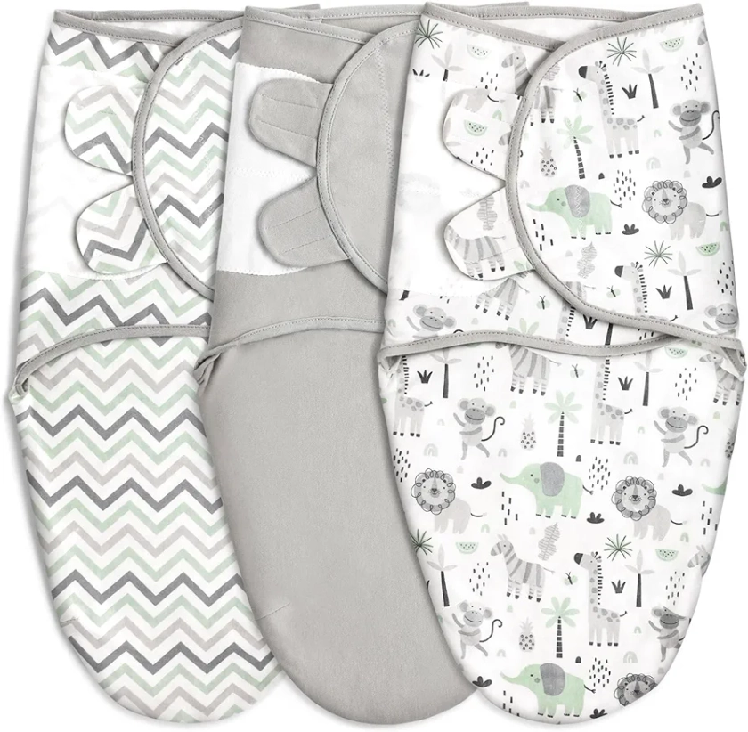 GLLQUEN BABY Organic Swaddle Sleep Sacks for Newborn - Baby Swaddles 0-3 Months, 3-Pack Newborn Swaddle Sack, Gray Stripe & Animal World, Baby Swaddle Blanket Wrap (Small/Medium)