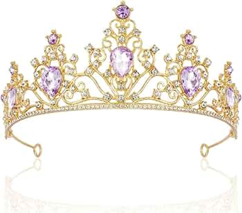 AHONEY Purple Gem Gold Tiara and Crown for Women, Crystal Mermaid Crown Rhinestone Princess Tiaras for Girls Rapunzel Crown for Wedding Birthday Prom Halloween Party