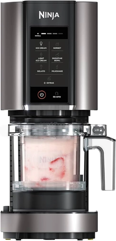 Ninja CREAMi machine à crème glacée et à desserts glacés, 7 programmes, pour faire de la crème glacée, gelato, sorbet, des bols à smoothie ou des milk-shakes, noir/argent, 1,4L, NC300EU
