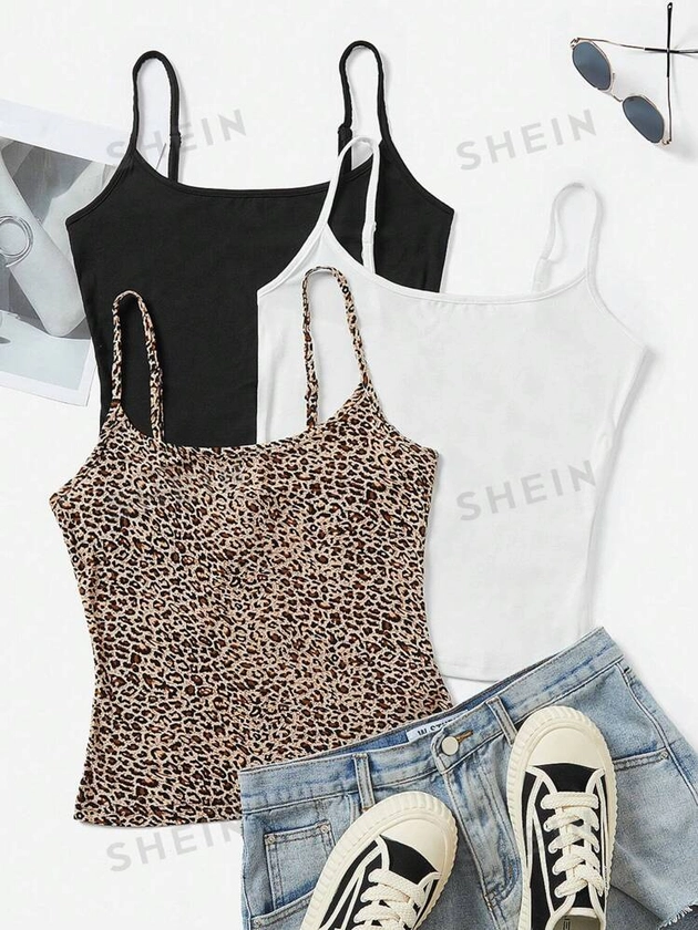 SHEIN EZwear 3pcs Women Casual Leopard Print Camisole Crop Top, Summer