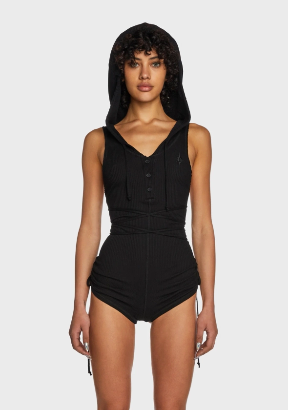 Darker Wavs Hooded Racerback Romper - Black