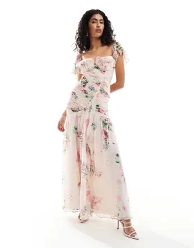 ASOS DESIGN - Robe mi-longue froncée à fleurs et volants