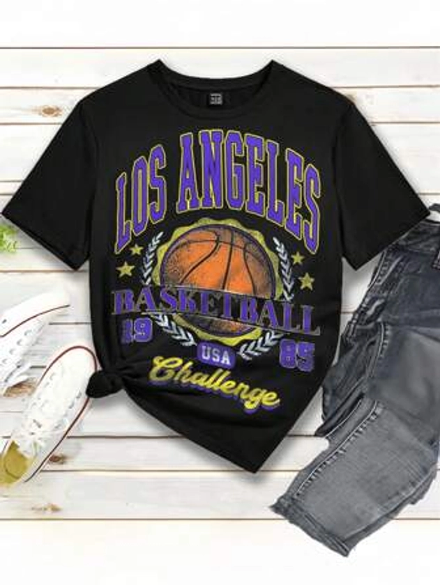 SHEIN EZwear Plus Basketball & Letter Graphic Tee