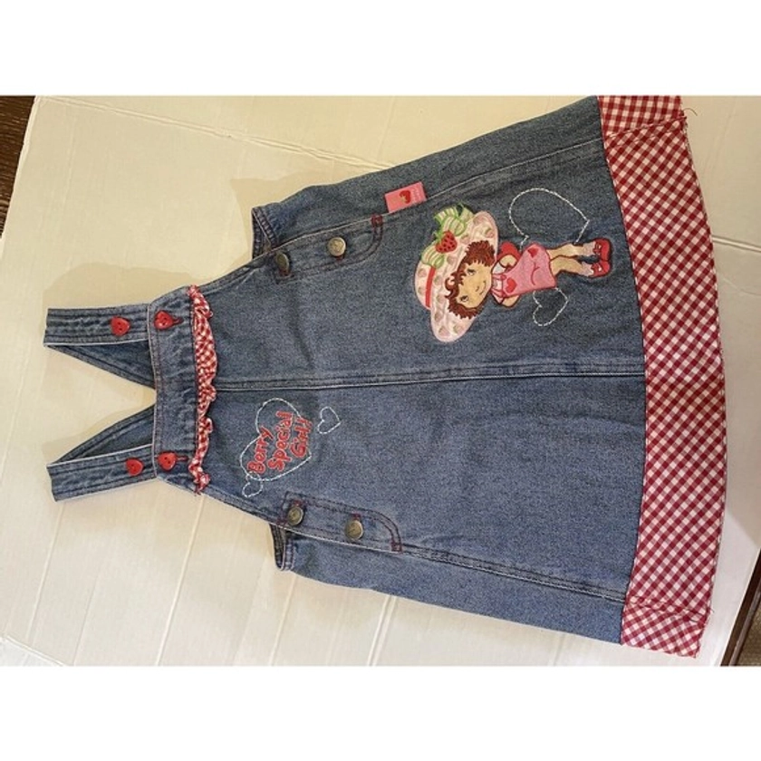 Vintage Y2K Strawberry Shortcake Denim Overall Jumper Sundress 4T Romper Girls