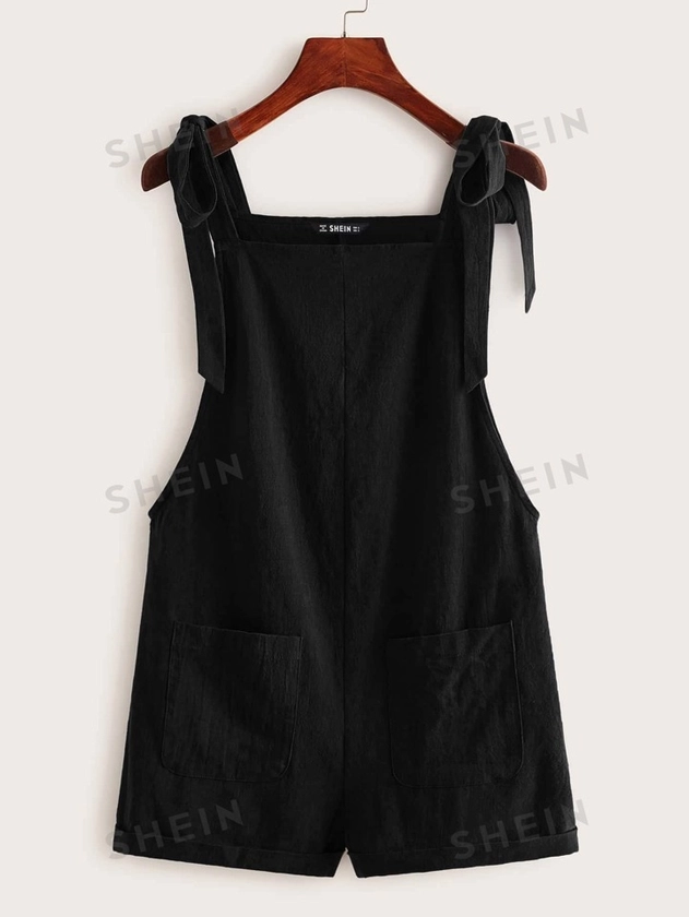SHEIN EZwear Summer Casual And Loose Black Knot Strap Pocket Patched Pinafore Short Romper