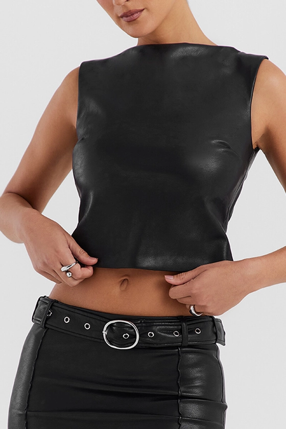 Clothing: Tops: Black Vegan Leather Open Back Top - Mistress Rocks