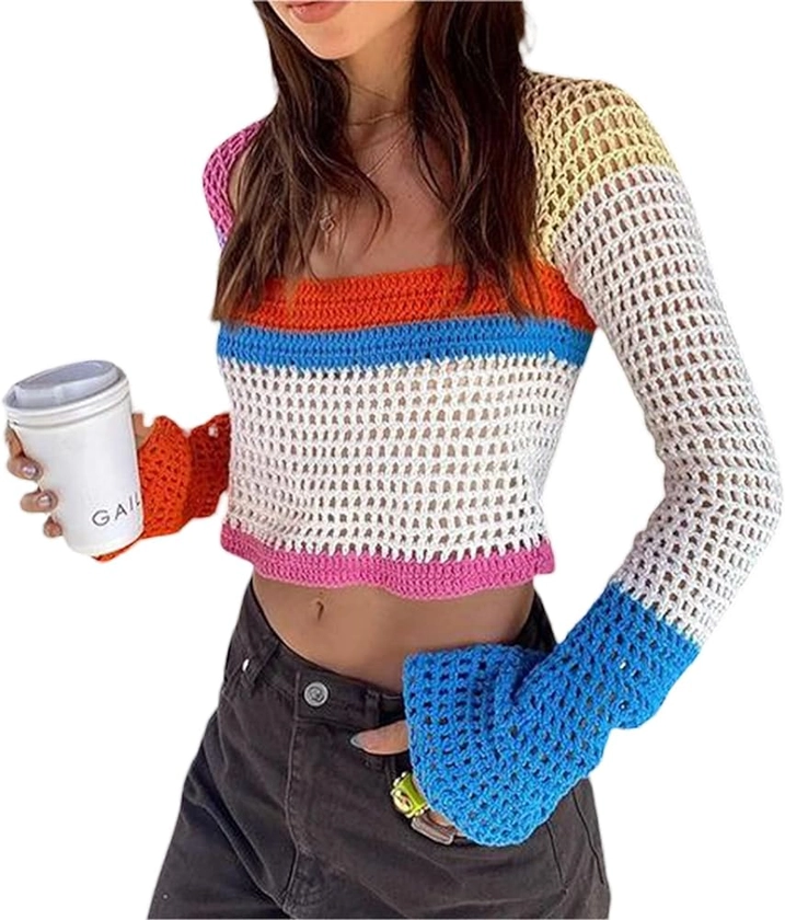 Women Hollow Out Crochet Knit Crop Tops Color Block Long Sleeve Square Neck Fall Sweaters Tops