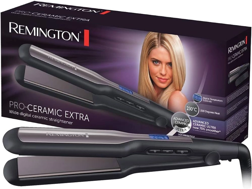 Remington Lisseur Cheveux [Plaques Larges 45mm] Pro-Ceramic Extra (Spécial cheveux épais, frisés, bouclés et longs | Céramique, Ecran LCD, 150-230°C, pochette) Fer à lisser S5525