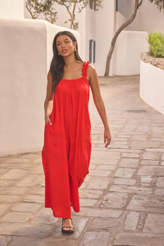 Buy Red Ruffle Strap Wide Leg Cotton Jumpsuit from the Next UK online shop