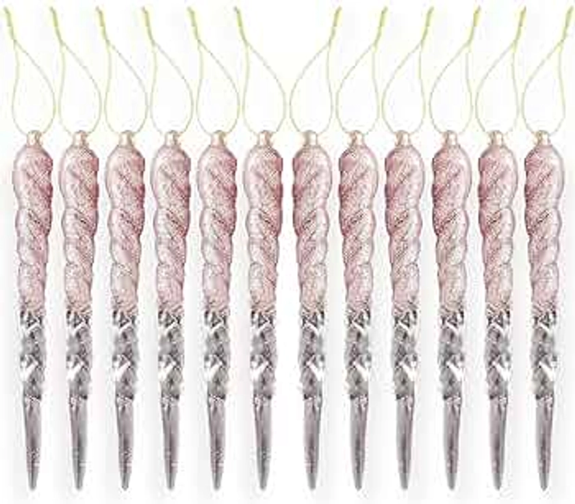 AKH® 13CM / 5" Christmas Hanging Icicles | Icicles Ornaments Bubbles Christmas Tree Decorations | Pack of 12 | Glitter Baubles Christmas Tree Icicle Decorations Hanging (Rose Gold)