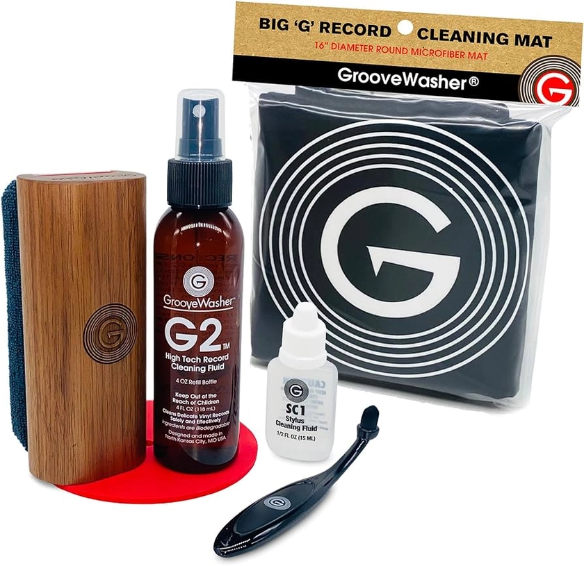Walnut Record Cleaning Kit, SC1 Cleaner & Stylus Brush + Exclusive 'Big G' Mat for Off-Turntable Cleaning & Quick Drying | 7-in-1 Gift Bundle for Vinyl Record Collectors with G2 Fluid