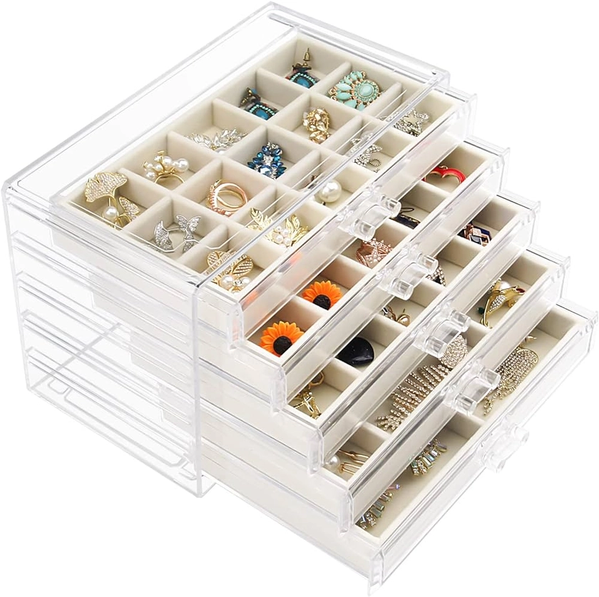 Amazon.com: Watpot Acrylic Jewelry Box with 5 Drawers, Clear Earring Storage Organizer Display Case for Women Girls, Beige : Clothing, Shoes & Jewelry