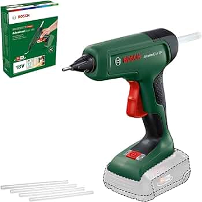 Bosch Cordless Hot Glue Gun AdvancedGlue 18V (Without Battery; 18 Volt System; 4X Glue Sticks; Heat-Up in 90 sec.; Dual-Temp Mode 130°C - 200°C; for DIY, Repair and More; in Carton Packaging)