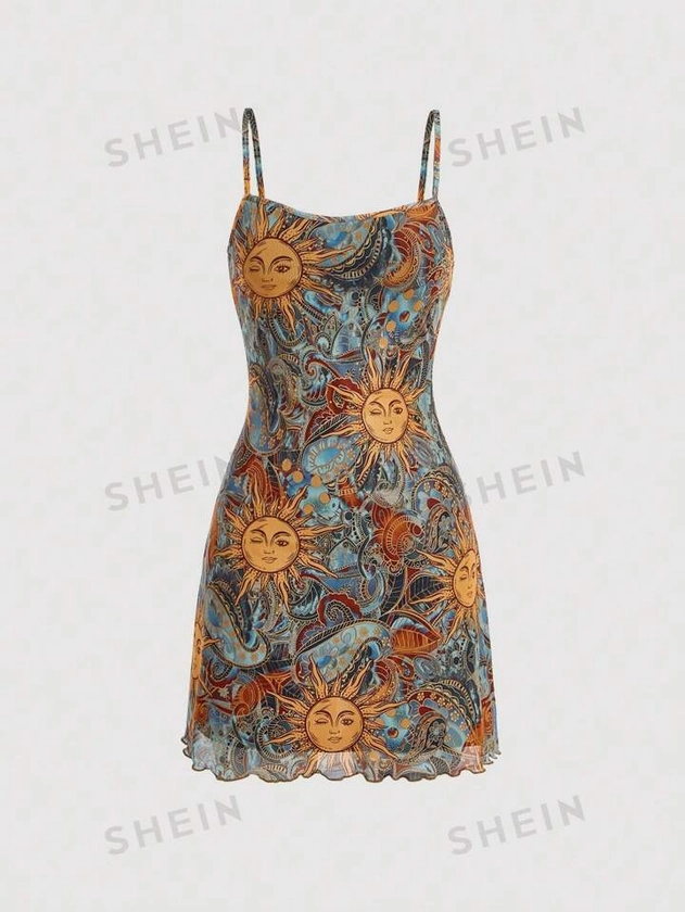 SHEIN MOD Retro Vintage Clothes Women's Sun Face Print Spaghetti Strap Sundress
