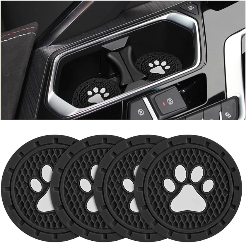 Osilly Car Cup Holder Coaster, 4 Pack PVC Paw Print Anti Slip Insert Coasters, 2.75 Inch Universal Cute Dog Paw Auto Drink Mat, Car Interior Accessories Decor for SUV, Truck, RV and More (Black)
