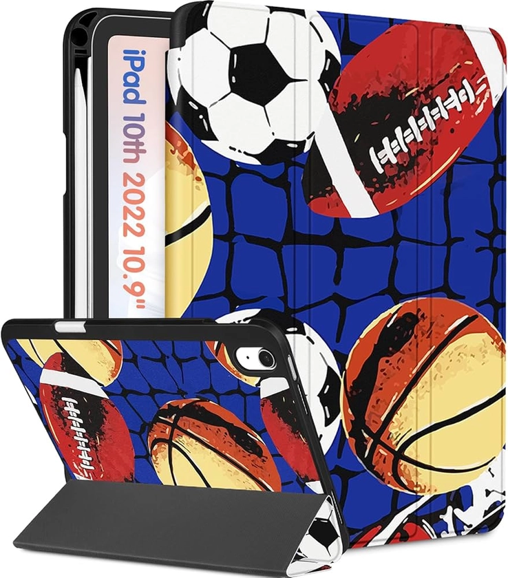 for Apple iPad 10th Generation Case 10.9 Inch Cute Men Boys Kids Folio Cover Teens Basketball Design Unique Cool Pencil Holder Auto Sleep/Wake Cases for iPad 10 Gen 2022 A2696 A2757