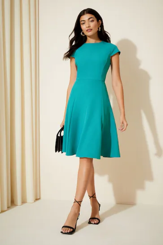 Friends Like These Teal Blue Fit and Flare Cap Sleeve Tailored Dress