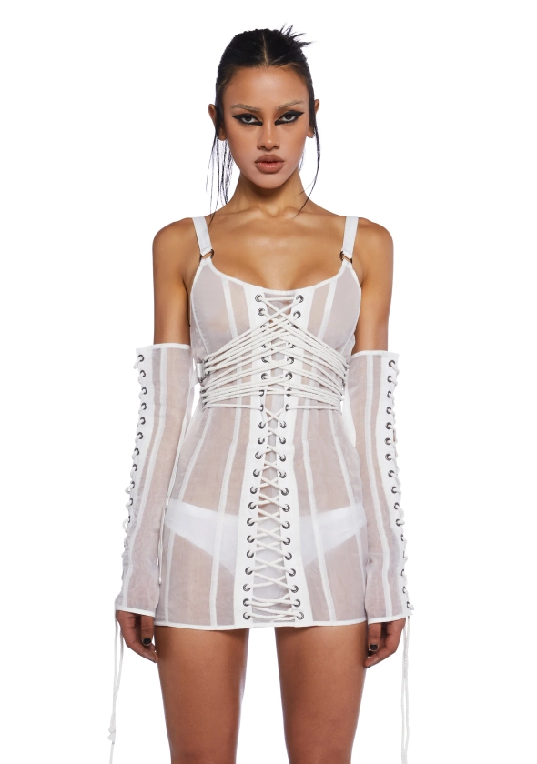 Darker Wavs Sheer Organza Corset Dress With Gloves And Lace Up Detailing - Off White