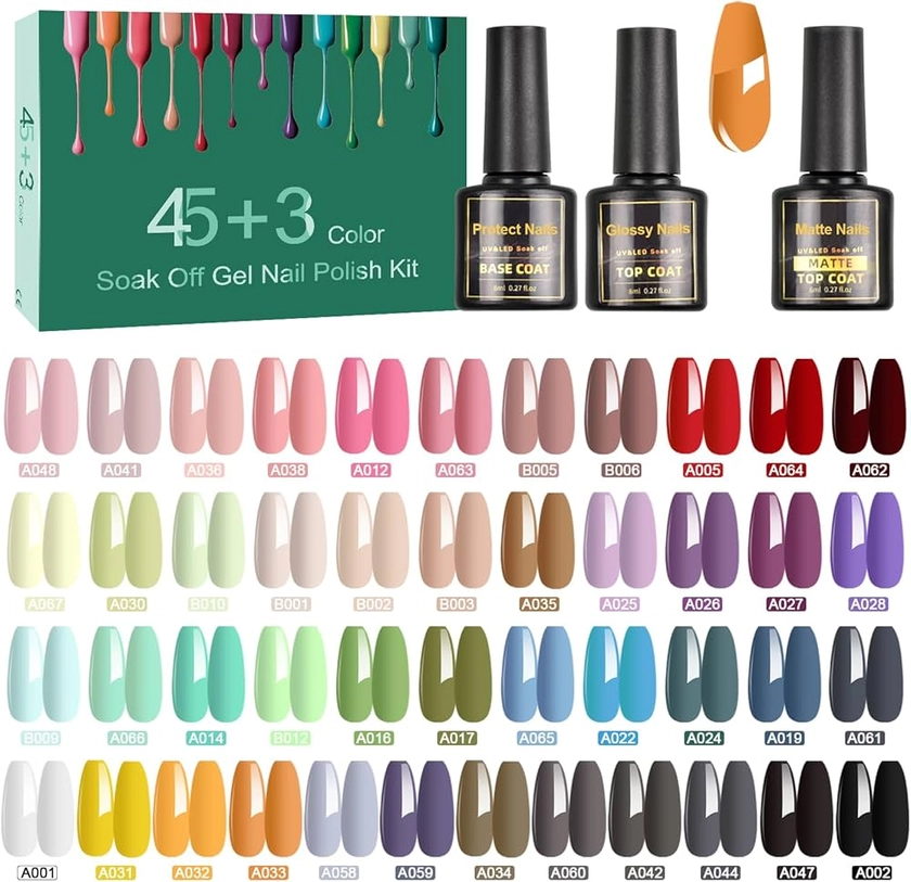 SINZONeu Vernis Semi Permanent,48 Vernis Manucure Nail Art Lot Vernis à Ongles Gel UV LED Nail Polish 45 Couleurs Populaire Avec Base et Top Coat, Matt Top Coat, 8ml